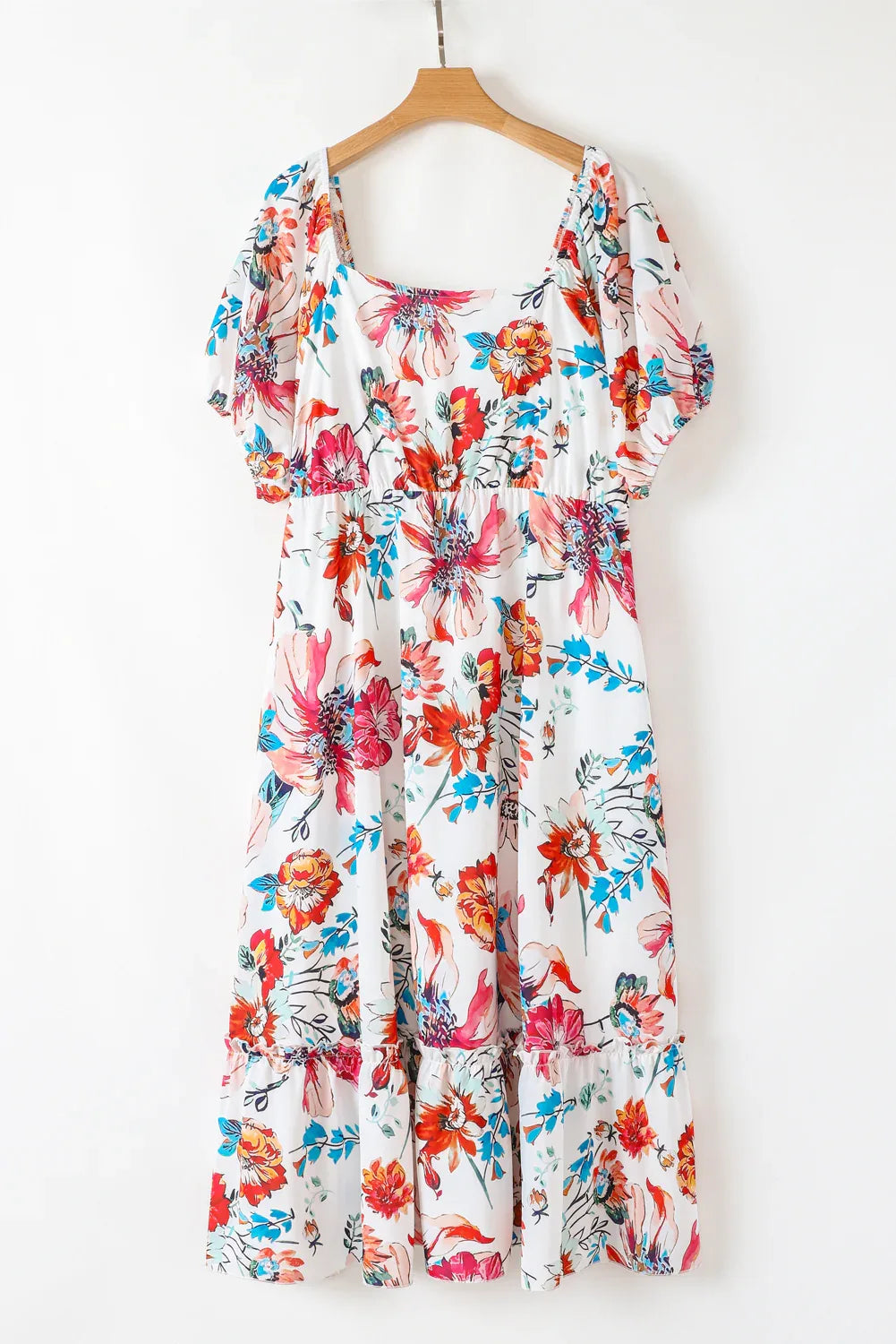 White Floral Square Neck Puff Sleeve Flowy Plus Size Midi Dress - MarkoFit