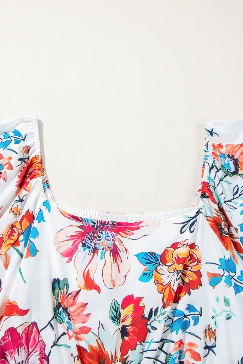 White Floral Square Neck Puff Sleeve Flowy Plus Size Midi Dress - MarkoFit