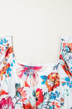 White Floral Square Neck Puff Sleeve Flowy Plus Size Midi Dress - MarkoFit