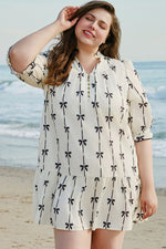 Apricot Bow Printed Puff Sleeve Ruffled Plus Size Mini Dress - MarkoFit