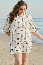 Apricot Bow Printed Puff Sleeve Ruffled Plus Size Mini Dress - MarkoFit