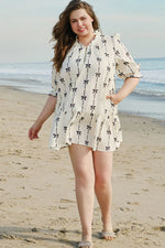 Apricot Bow Printed Puff Sleeve Ruffled Plus Size Mini Dress - MarkoFit