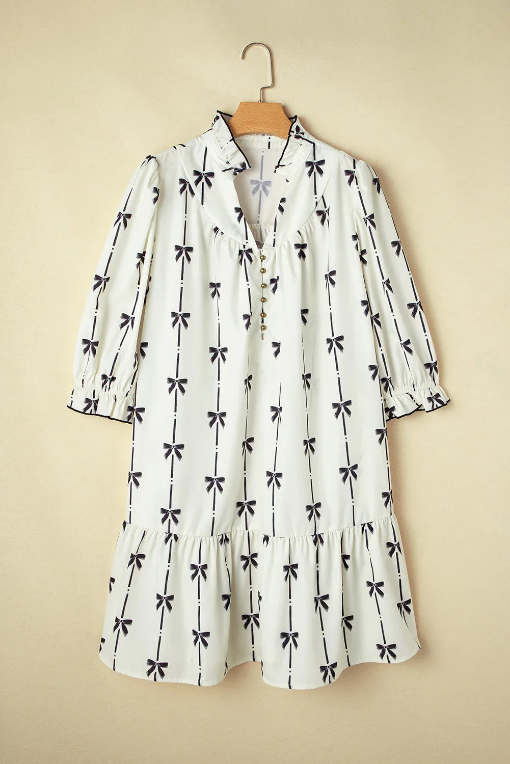 Apricot Bow Printed Puff Sleeve Ruffled Plus Size Mini Dress - MarkoFit