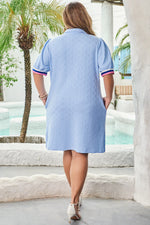 Beau Blue Contrast Striped Trim Zipped Stand Collar Textured Puff Sleeve Plus Size T Shirt Dress - MarkoFit