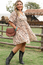 Beige Printed Surplice V Neck Cuffed Sleeve Empire Waist Plus Size Dress - MarkoFit