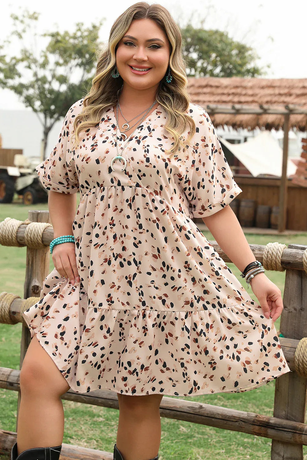 Beige Printed Surplice V Neck Cuffed Sleeve Empire Waist Plus Size Dress - MarkoFit