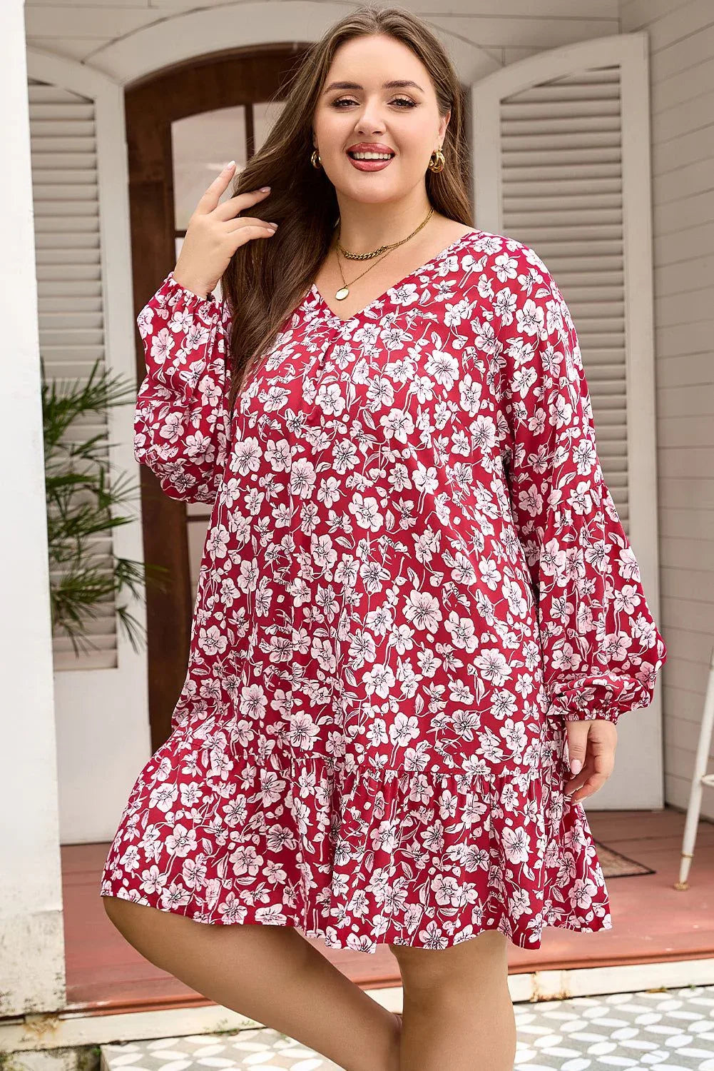 Purple Plus Floral Balloon Sleeve V Neck Relaxed Dress - MarkoFit