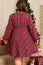 Red Plus Size Plaid Half Button Long Sleeve Holiday Dress - MarkoFit
