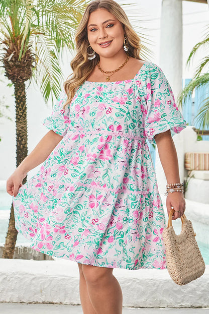 White Floral Print Ric-rac Trim Square Neck Plus Size Mini Dress - MarkoFit