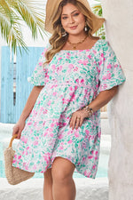White Floral Print Ric-rac Trim Square Neck Plus Size Mini Dress - MarkoFit
