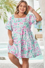 White Floral Print Ric-rac Trim Square Neck Plus Size Mini Dress - MarkoFit