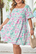 White Floral Print Ric-rac Trim Square Neck Plus Size Mini Dress - MarkoFit