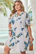 White Plus Size Floral Short Puff Sleeve Contrast Tie V Neck Dress - MarkoFit