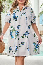 White Plus Size Floral Short Puff Sleeve Contrast Tie V Neck Dress - MarkoFit