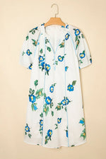 White Plus Size Floral Short Puff Sleeve Contrast Tie V Neck Dress - MarkoFit