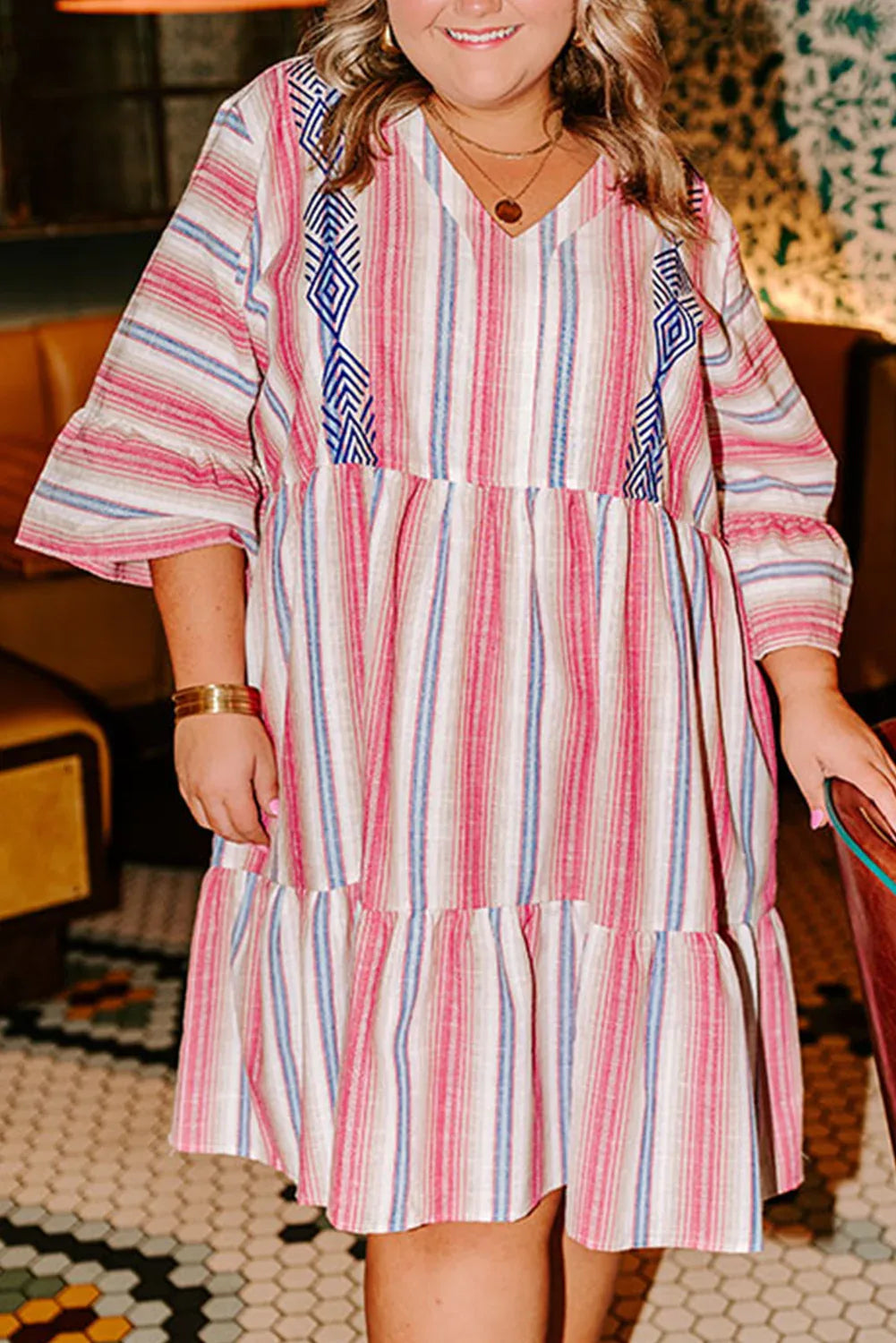 White Stripe Plus Size Embroidered Detail Flared 3/4 Sleeve V Neck Dress - MarkoFit