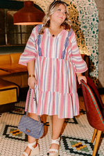 White Stripe Plus Size Embroidered Detail Flared 3/4 Sleeve V Neck Dress - MarkoFit