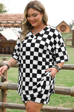 Black Checkered Pattern Tee and Shorts Plus Size Two Piece Set - MarkoFit