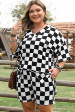 Black Checkered Pattern Tee and Shorts Plus Size Two Piece Set - MarkoFit