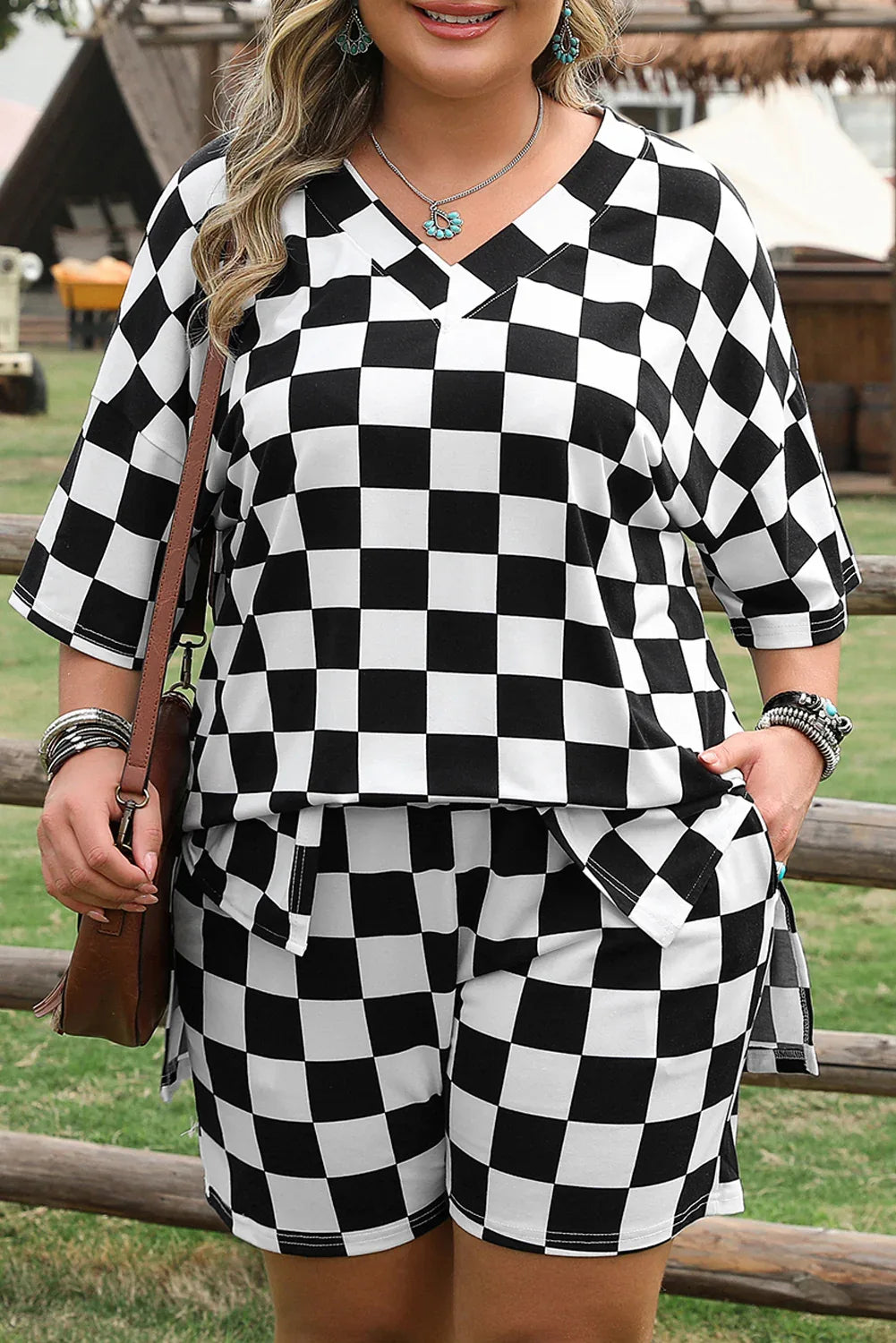 Black Checkered Pattern Tee and Shorts Plus Size Two Piece Set - MarkoFit