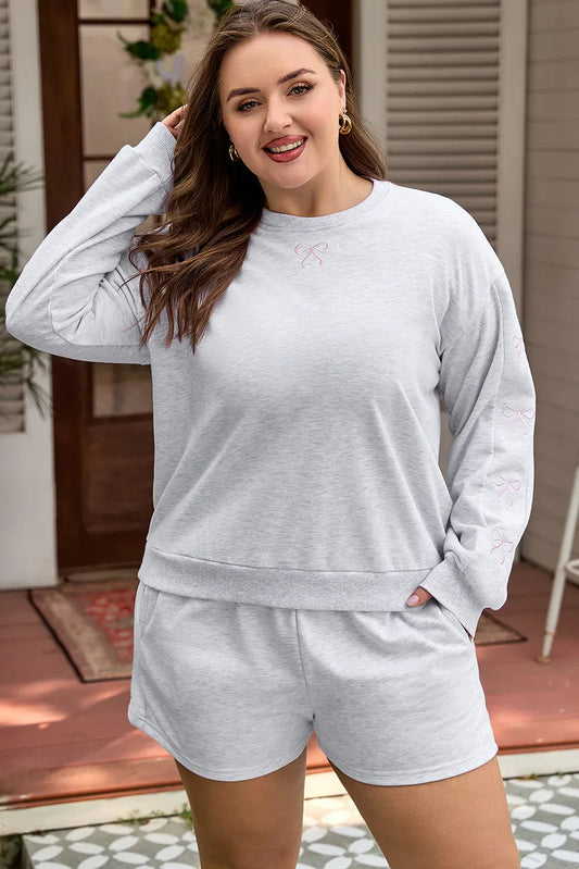 Light Grey Girly Bow Embroidered Puff Sleeve Pullover Loose Shorts Plus 2pcs Outfit - MarkoFit