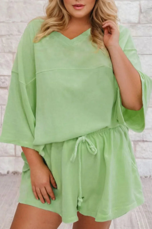 Meadow Mist Green Plus Size V Neck Drop Shoulder Tee Loose Shorts 2pcs Outfit - MarkoFit