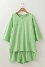 Meadow Mist Green Plus Size V Neck Drop Shoulder Tee Loose Shorts 2pcs Outfit - MarkoFit