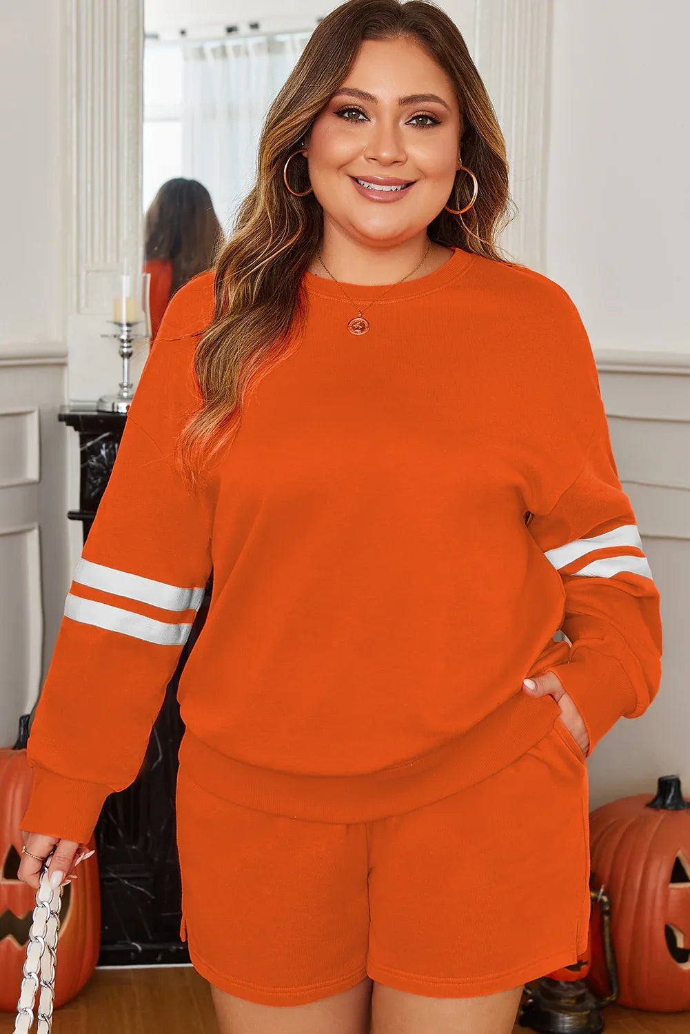 Orange Plus Size Varsity Striped Drop Shoulder Pullover Drawstring Elastic Waistband Short Set - MarkoFit