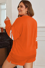 Orange Plus Size Varsity Striped Drop Shoulder Pullover Drawstring Elastic Waistband Short Set - MarkoFit