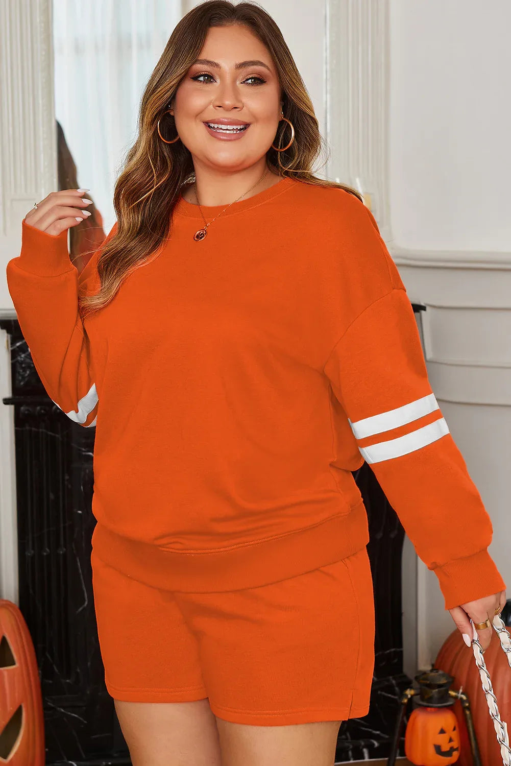 Orange Plus Size Varsity Striped Drop Shoulder Pullover Drawstring Elastic Waistband Short Set - MarkoFit