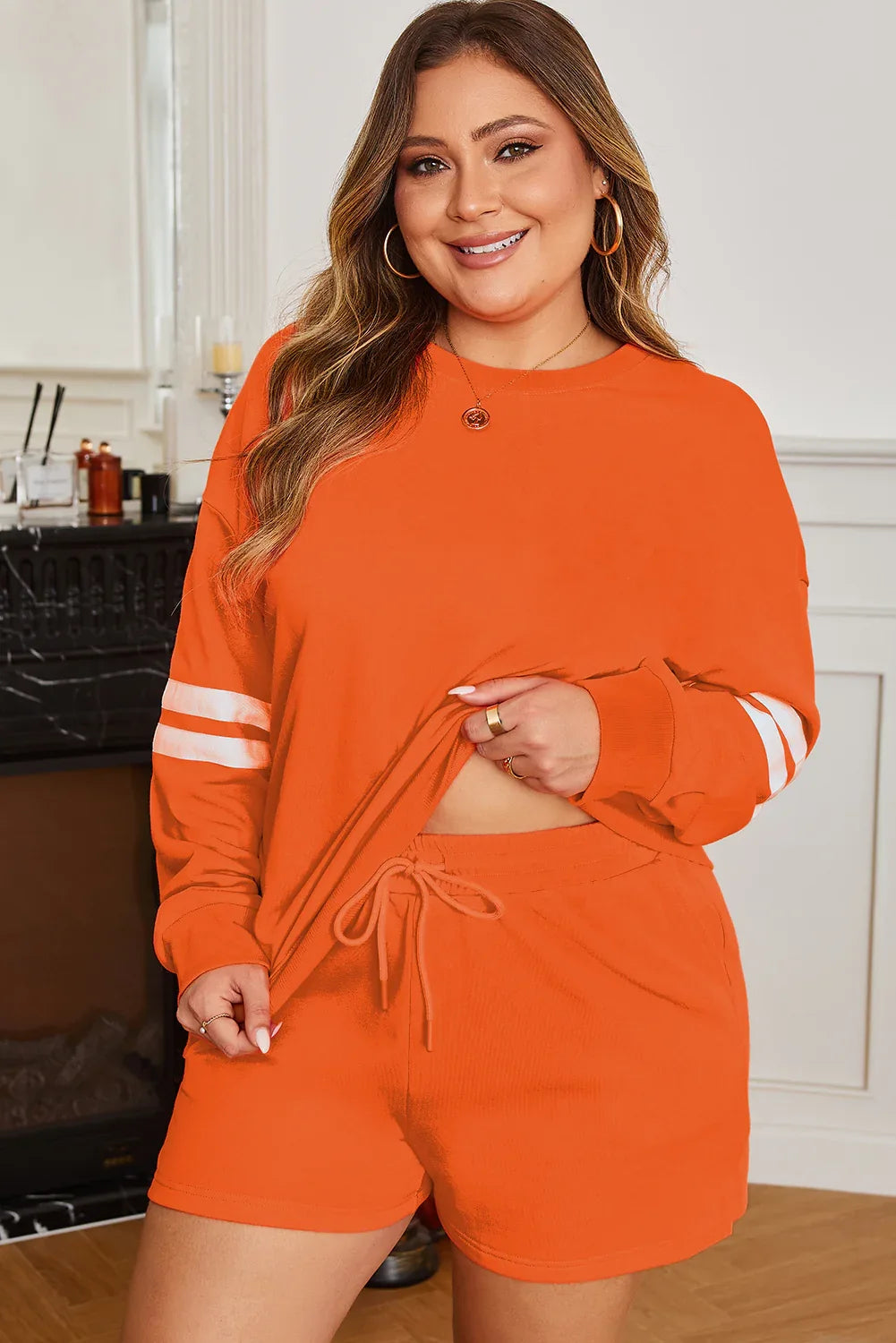 Orange Plus Size Varsity Striped Drop Shoulder Pullover Drawstring Elastic Waistband Short Set - MarkoFit