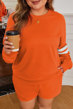 Orange Plus Size Varsity Striped Drop Shoulder Pullover Drawstring Elastic Waistband Short Set - MarkoFit