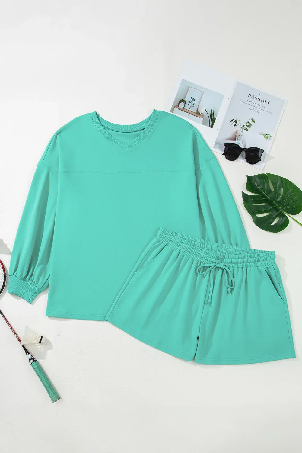 Sea Green Drop Shoulder V Neck Pullover Top and Drawstring Short Plus Size Set - MarkoFit