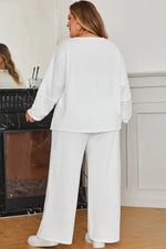 White Textured Raw Seam Plus Size Pullover Top and Drawstring Pants Set - MarkoFit