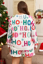 White Plus Size Christmas Ho Ho Ho Print Long Sleeve Top and Shorts 2pc Lounge Set - MarkoFit