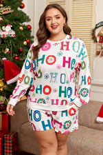 White Plus Size Christmas Ho Ho Ho Print Long Sleeve Top and Shorts 2pc Lounge Set - MarkoFit