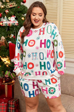 White Plus Size Christmas Ho Ho Ho Print Long Sleeve Top and Shorts 2pc Lounge Set - MarkoFit