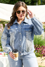 Beau Blue Leopard Patchwork Flap Detail Plus Size Denim Jacket - MarkoFit