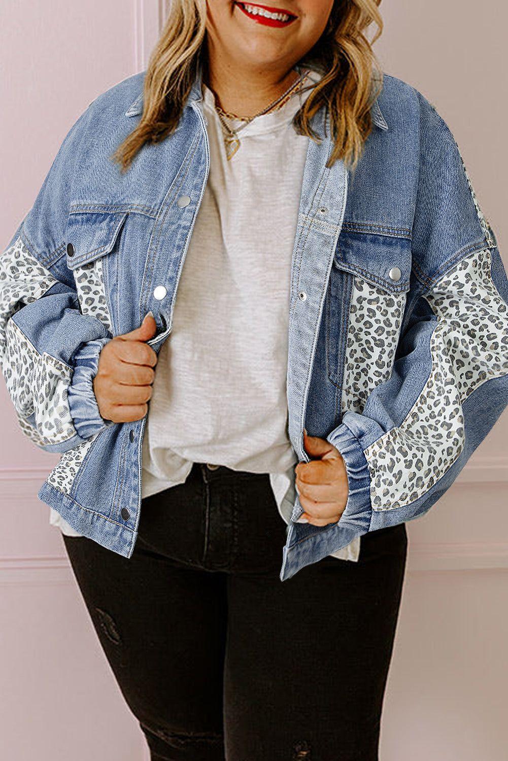 Beau Blue Leopard Patchwork Flap Detail Plus Size Denim Jacket - MarkoFit