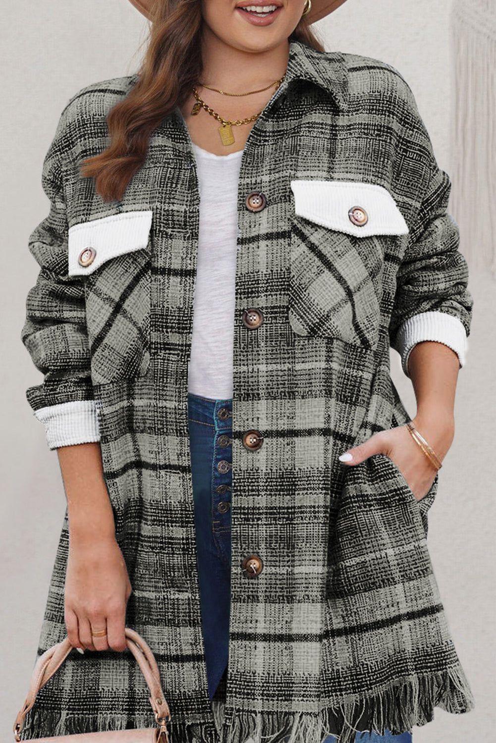 Black Plus Size Macrame Plaid Coat - MarkoFit
