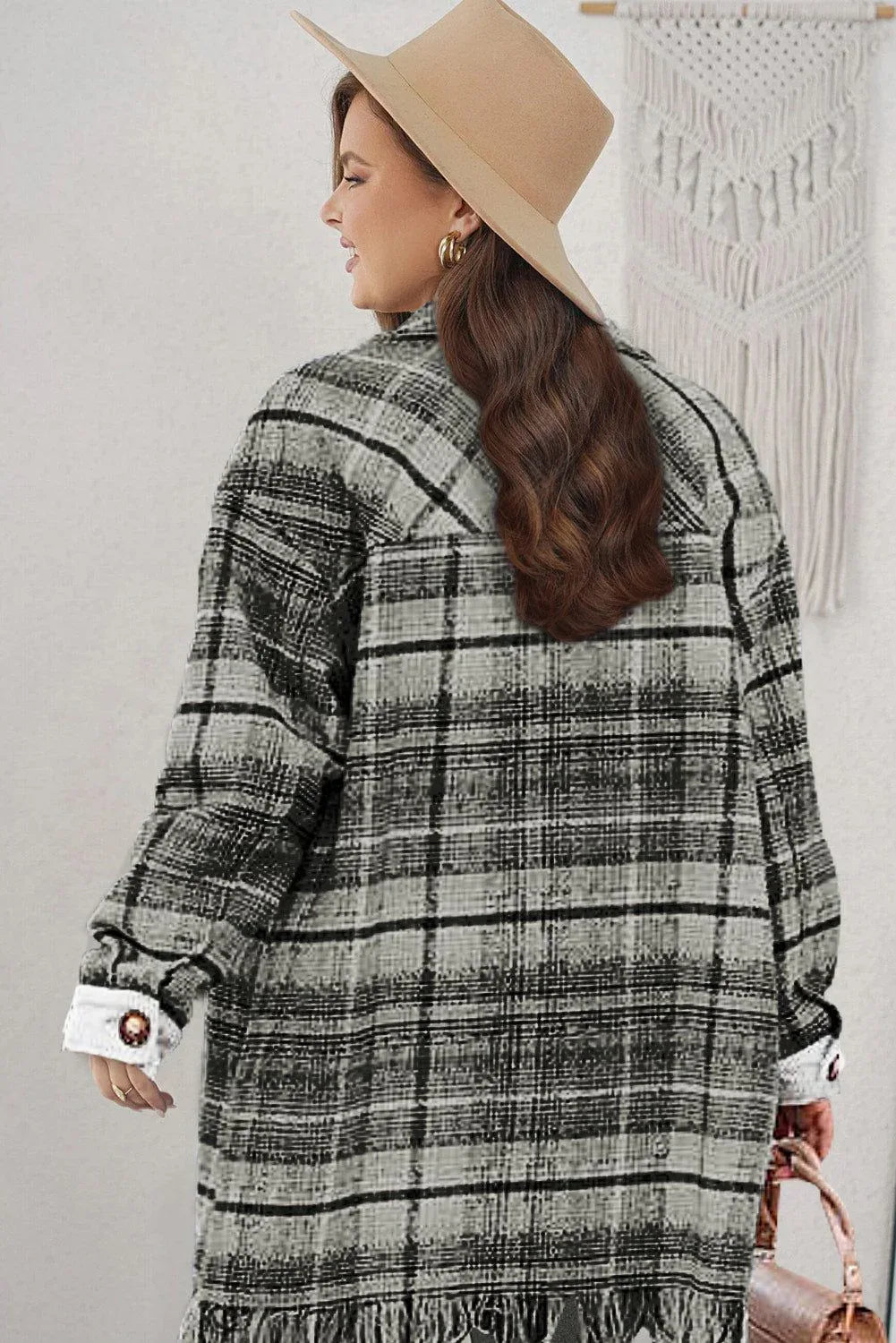 Black Plus Size Macrame Plaid Coat - MarkoFit