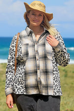 Black Plus Size Plaid Leopard Printed Patchwork Button Up Shacket - MarkoFit