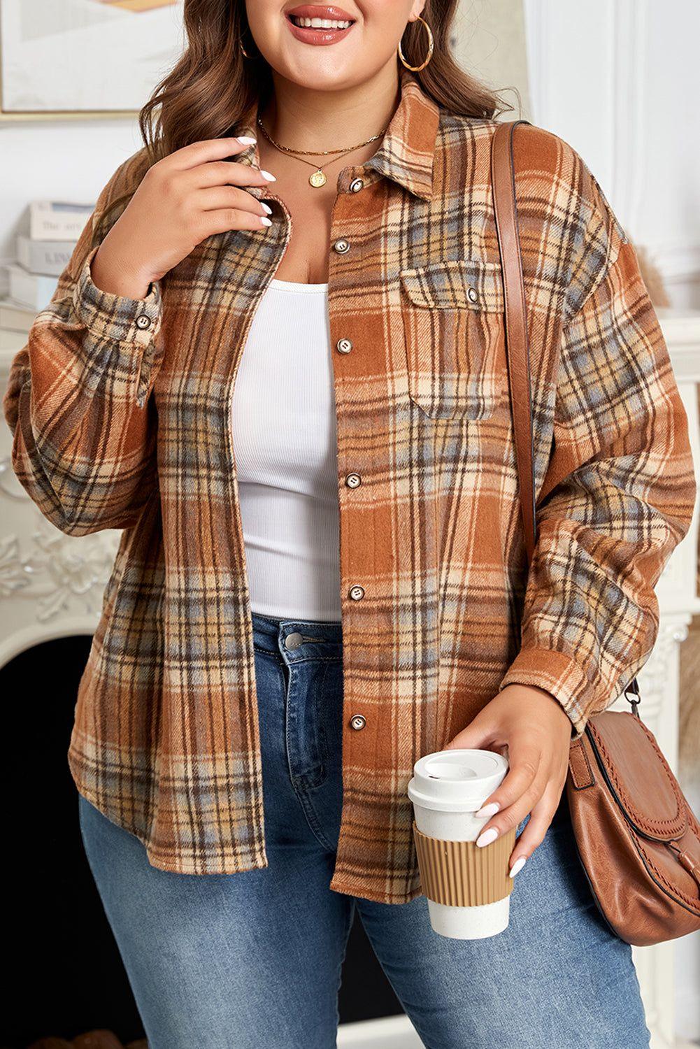 Brown Plaid Print Flap Pocket Buttoned Plus Size Shacket - MarkoFit