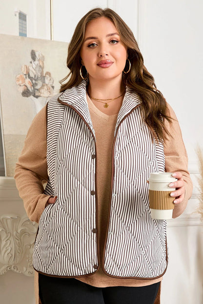 Brown Stripe Quilted Wavy Hem Snap Button Plus Size Vest - MarkoFit