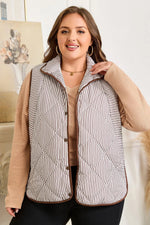 Brown Stripe Quilted Wavy Hem Snap Button Plus Size Vest - MarkoFit