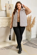 Brown Stripe Quilted Wavy Hem Snap Button Plus Size Vest - MarkoFit