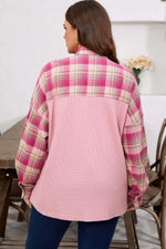 Pink Waffle Patch Pocket Plaid Patchwork Plus Size Shirt - MarkoFit
