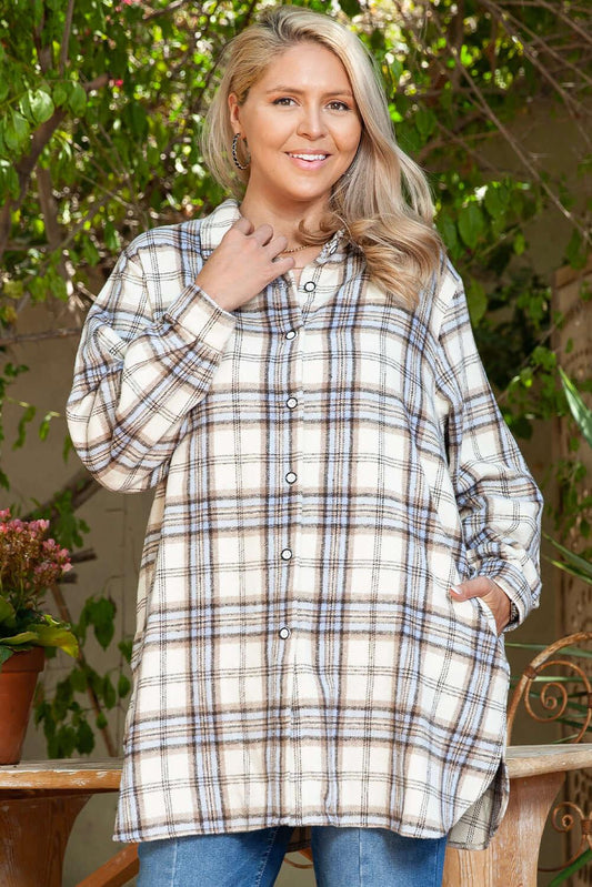 White Plaid Print Tunic Plus Size Shacket with Slits - MarkoFit