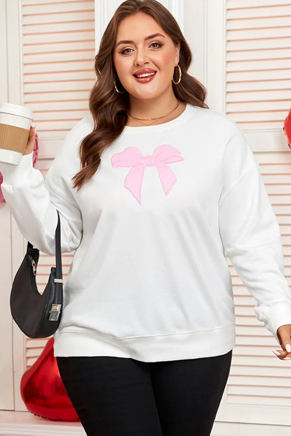 Beige Big Bow Accent Plus Size Drop Shoulder Sweatshirt - MarkoFit