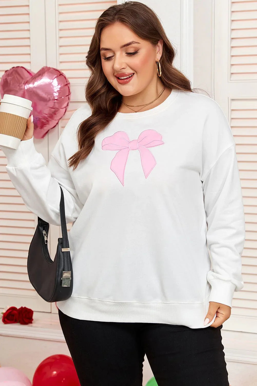 Beige Big Bow Accent Plus Size Drop Shoulder Sweatshirt - MarkoFit